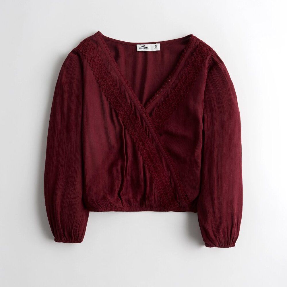 HOLLISTER Boho Cropped Lace Wrap Top Burgundy - XS